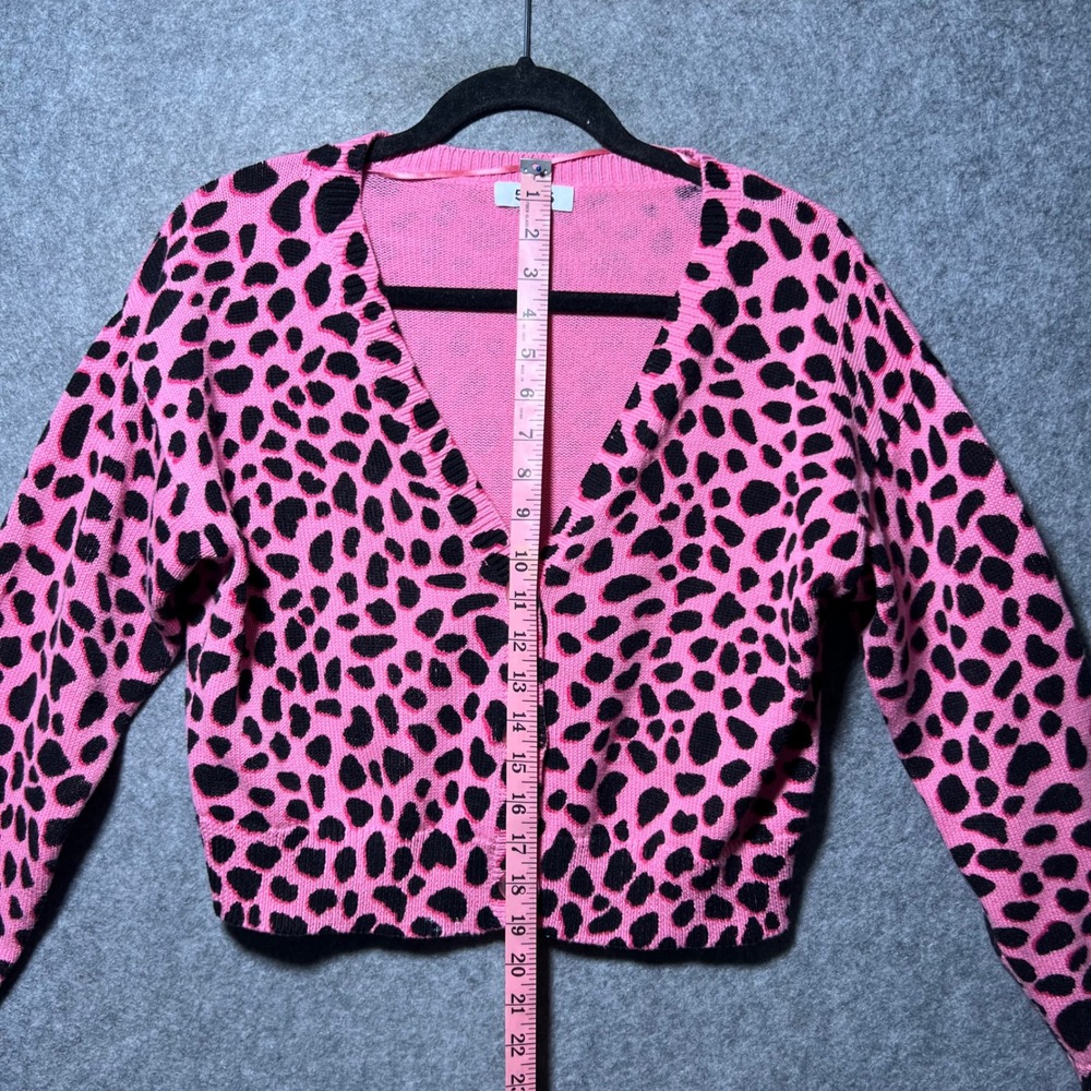 525 America Pink Leopard Print Cotton Cropped Cardigan Sweater Womens Medium - Picture 3 of 6